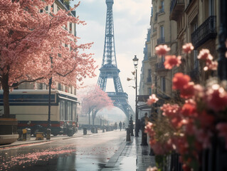 Paris streets adorned with spring flowers, Eiffel Tower in the background, morning mist, pedestrians with umbrellas