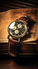 Stylized wristwatch with leather strap, retro feel, on a rustic wooden table, mixed lighting to emphasize texture and shine, vintage filter, with old books and ink pen in the frame