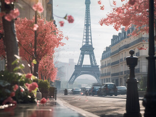 Paris streets adorned with spring flowers, Eiffel Tower in the background, morning mist, pedestrians with umbrellas