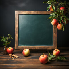 A blackboard with documents and peaches 
