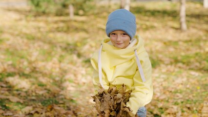 Naklejka na ściany i meble Child boy plays and throws up yellow leaves in an autumn park. Little boy is having fun on an autumn day, playing with fallen yellow leaves. Small child enjoys autumn nature. Childrens dream outdoors