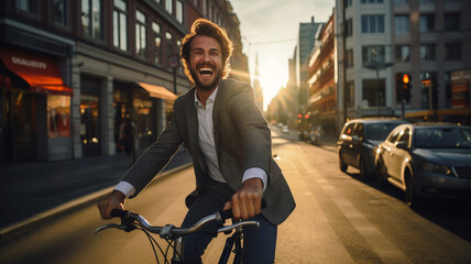 Happy excited person driving through the city streets on a bicycle