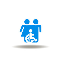 Vector illustration of familiy with disabled child. Icon of disabilities care. Symbol of ADA Americans Disability Act. Sign of protection of rights of invalid.