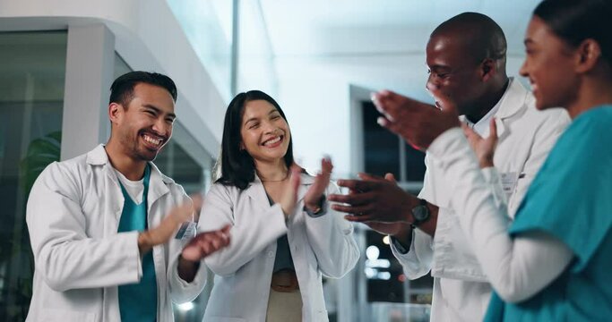 Applause, nurses and doctors in celebration together for success, achievement or promotion in hospital. Support, cheers and group of excited medical staff clapping with high five for team building.
