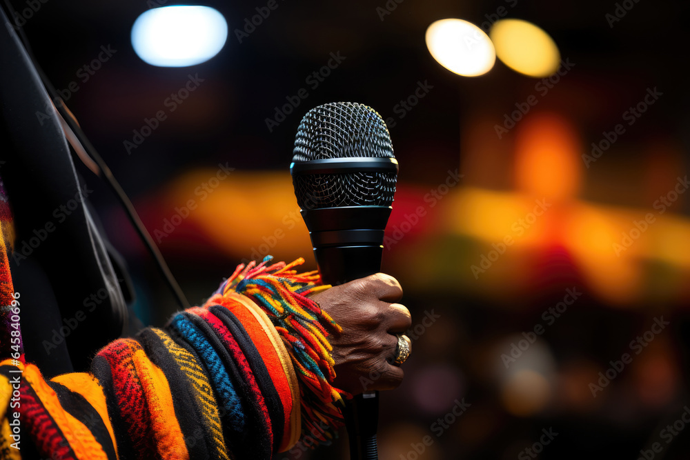 Aufkleber a close-up of a person's hand holding a microphone during an indigenous language radio broadcast. ge