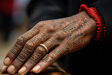 A close-up of a person's hand organizing a local indigenous language festival to celebrate heritage. Generative Ai.