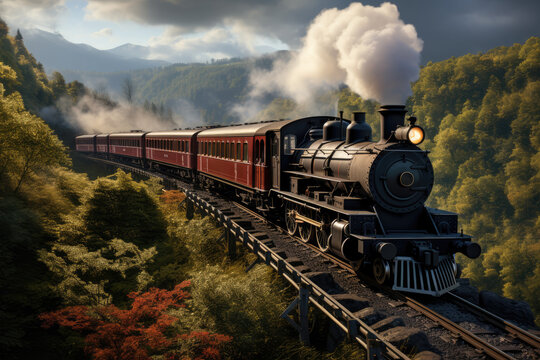A vintage steam locomotive chugging along a scenic railway, symbolizing the early days of train travel. Generative Ai.