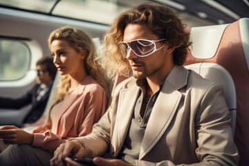 Fototapeta premium Passengers in a sleek and modern high-speed train, highlighting the latest advancements in rail travel. Generative Ai.