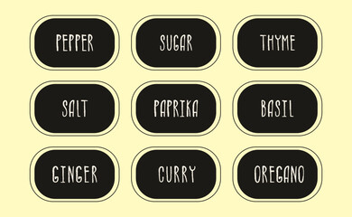 A set of 9 handwritten labels for marking jars and containers with spices. Pepper, salt, sugar, ginger, oregano. Abstract black stickers with handwritten text. Pantry organization.