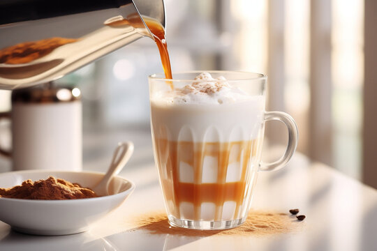 Aromatic Pumpkin Spice Latte with Whipped Foam and Chocolate in Sunlit Modern Kitchen