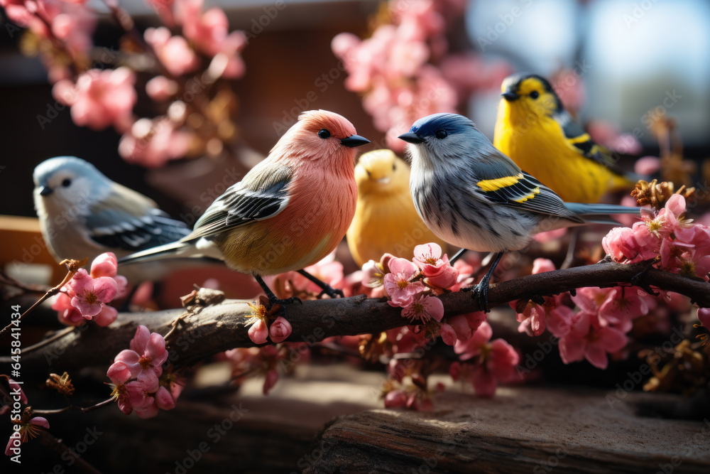 Poster a bird feeder attracts a variety of colorful avian visitors to a suburban backyard, fostering a conn