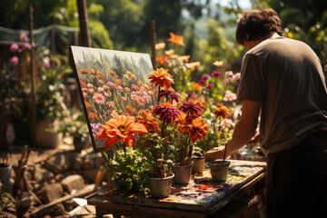 An artist sets up an easel in a community garden, capturing the vibrant colors of flowers and plants in their artwork. Concept of Creative Inspiration. Generative Ai.