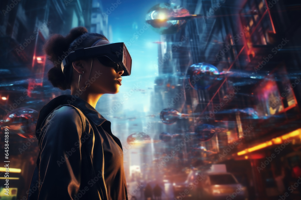 Poster a person exploring a virtual reality (vr) environment of a futuristic blockchain city, envisioning t