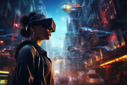 A person exploring a virtual reality (VR) environment of a futuristic blockchain city, envisioning the potential impact of blockchain technology. Generative Ai.