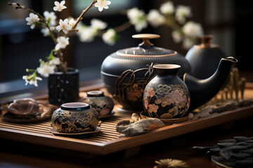 Intricately designed Japanese tea ceremony utensils, reflecting the meticulous attention to detail...