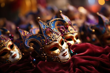 Colorful and ornate Venetian masks on display, representing the festive traditions of Italy's Carnival celebrations. Generative Ai.