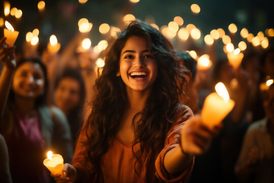 A person capturing the joyous celebrations of Indian students during a festival of lights, fostering a sense of belonging. Generative Ai.