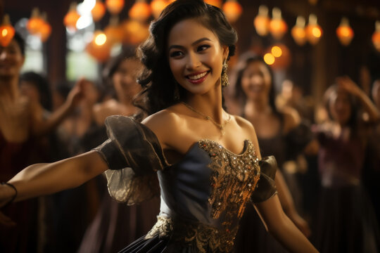 A person capturing the elegance and grace of a traditional Thai dance performance, showcasing the beauty of Thai cultural expressions. Generative Ai.