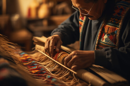 A close-up of a person's hand weaving a Navajo rug, exemplifying the intricate craftsmanship and cultural significance of Native American art. Generative Ai.