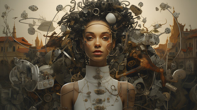 Frau in dystopischer stadt, untergang, welt, fantasy