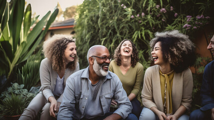 Fototapeta premium Diverse group of people, friends, stting in a garden making jokes to each other and laighing out loud