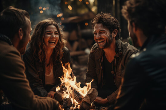 Friends laughing together around a bonfire, sharing stories and joy. Generative Ai.