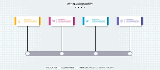 Mind map infographic template or element as a vector with 4 step, process, option, colorful label, icons, semicircular, circular, branch arrow, for sale slide or presentation, minimal, modern style
