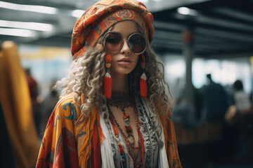 Mannequin dressed in bohemian-inspired attire, highlighting a free-spirited fashion trend. Generative Ai.