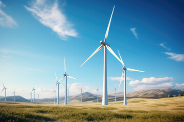 Renewable energy wind turbines against a backdrop of clear blue skies, representing sustainable solutions. Generative Ai.