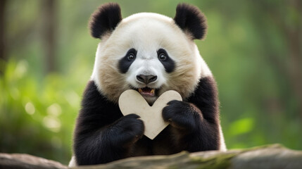 Fototapeta premium The giant panda is the rarest member of the bear and most threatened animals in world. Save pandas. Cute giant panda shows heart shaped symbol