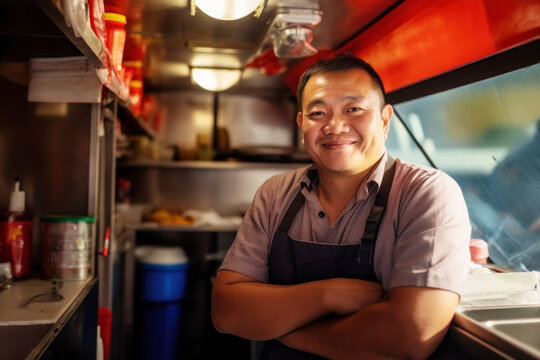 Close-up portrait of a chinese seller of a food truck, smiling