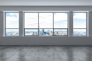 Downtown New York Lower Manhattan City Skyline Buildings from High Rise Window. Beautiful Expensive Real Estate. Empty room Interior Skyscrapers View Cityscape. Financial district. Day. 3d rendering.