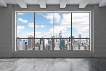 Downtown New York Lower Manhattan City Skyline Buildings from High Rise Window. Beautiful Expensive Real Estate. Empty room Interior Skyscrapers View Cityscape. Financial district. Day. 3d rendering. © VideoFlow