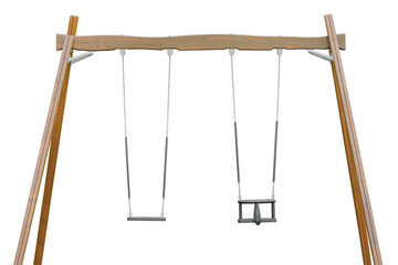 Playground sandbox double seats beam swing set horizontal closeup, large detailed isolated grey seat benches metal chains, plastic safety restraint lap-bars, massive beige taupe tan wooden swings legs - 645844661