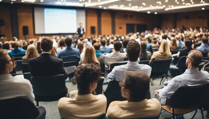 Business symposium speaker on stage with audience sitting in lecture hall viewed from behind