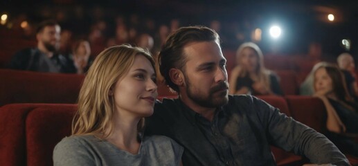 Fototapeta premium Portrait photograph of couple enjoying in a movie theatre embraced, romantic date, love