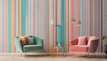 Retro striped pastel multi-color vibrant groovy abstract minimal wall frame with bright armchair decor