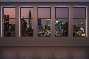 Empty room Interior Skyscrapers View Bangkok. Downtown City Skyline Buildings from High Rise Window. Beautiful Expensive Real Estate overlooking. Sunset. 3d rendering.