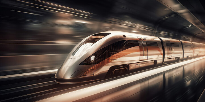 An image of a fast moving modern train in a subway tunnel. Generative AI