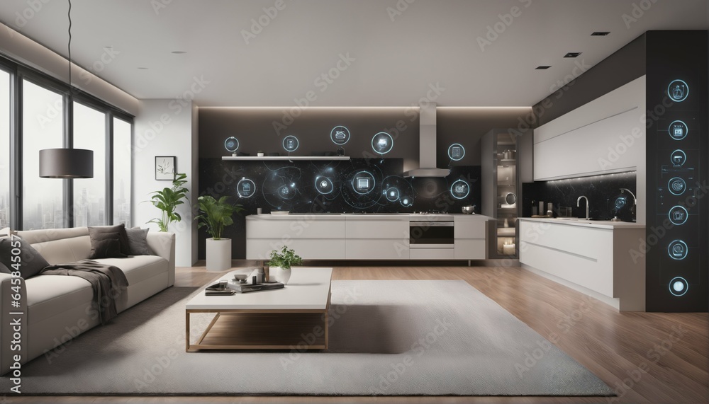 Poster internet of things concept with smart home featuring various connected devices and appliances - ai