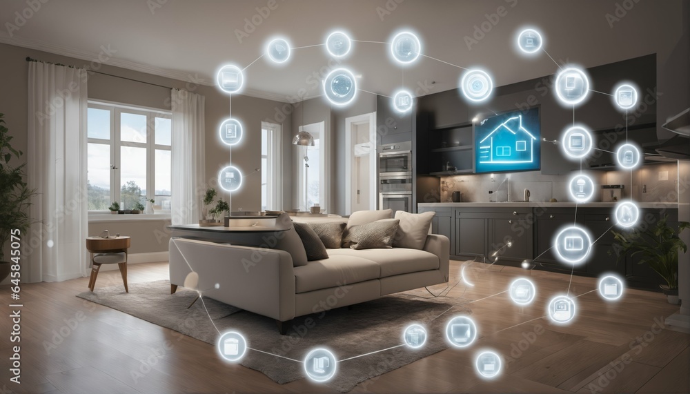 Poster internet of things concept with smart home featuring various connected devices and appliances - ai