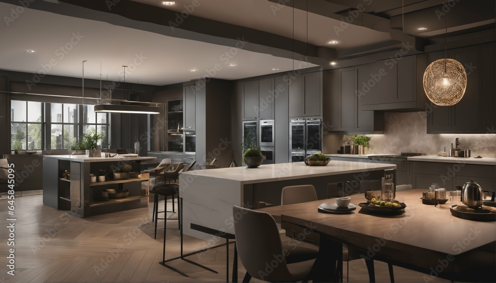 Poster smart refrigerator, coffee maker, oven in smart home with various connected devices and appliances -