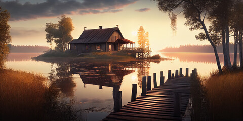 An old wooden house and a bridge to it on the island of a secluded small forest lake. Generative AI