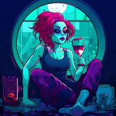 A drawn image in an avant-garde and youthful style of a beautiful young hippie or informal woman sitting relaxed with a glass of wine in her hand. Generative AI