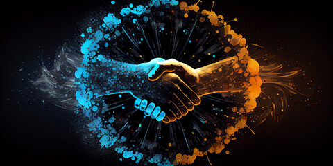 Symbolic image of a business handshake in space or holographic style. Generative AI