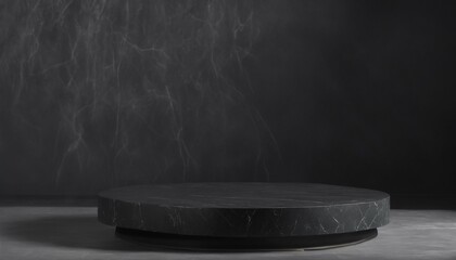 Dark room with smoke featuring an empty black marble table podium and black stone floor