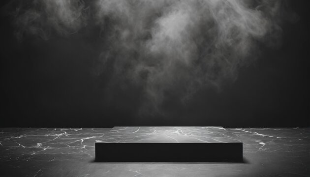 Dark room with smoke featuring an empty black marble table podium and black stone floor
