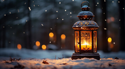 Festive Christmas lantern casting a warm glow on the snowy landscape