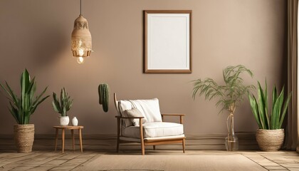 Vertical empty wood picture frame mockup in boho room with chair, potted cactus plants, lamp, and brown wall background for design, wall art, template