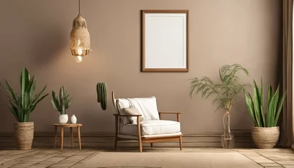 Rolgordijnen Vertical empty wood picture frame mockup in boho room with chair, potted cactus plants, lamp, and brown wall background for design, wall art, template © ibreakstock